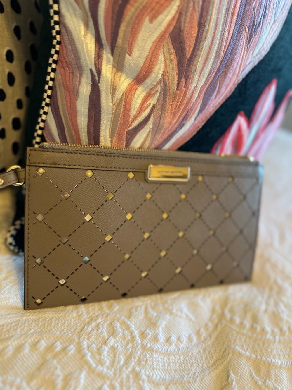 Michael Kors Laser Cut Metallic and Taupe Wristlet Clutch